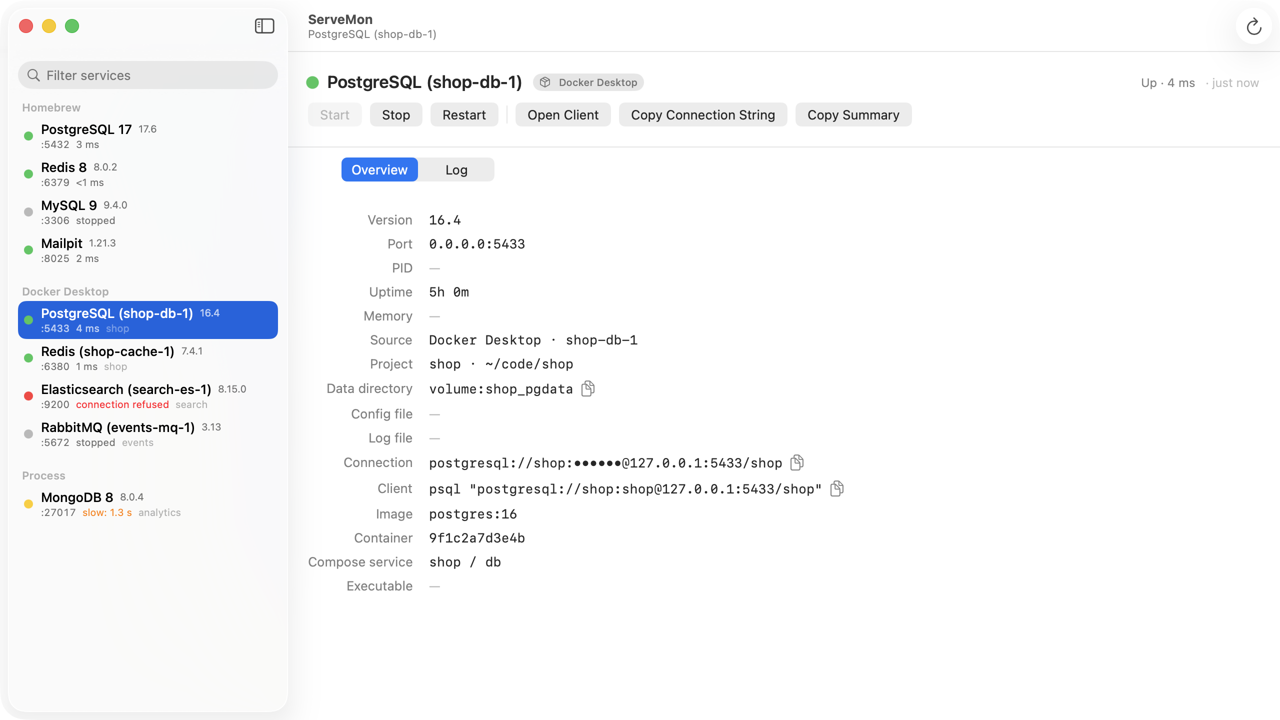 The ServeMon window: a sidebar of services grouped under Homebrew, Docker, and Process, with PostgreSQL 17 selected and its Overview showing version, port, PID, uptime, memory, data directory, config file, log file, and a masked connection string.
